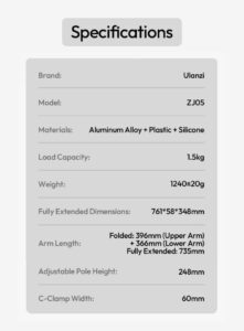 Ulanzi zj05 adjustable microphone boom arm แขนไมโครโฟน ขาจับไมค์หนีบโต๊ะ รองรับน้ำหนัก 1.5kg (14)