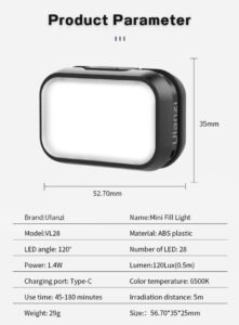 Ulanzi vl28 mini fill light ไฟ led ไฟพกพา cri95+ 6500k ไฟกล้อง ไฟเซลฟี่ (9)